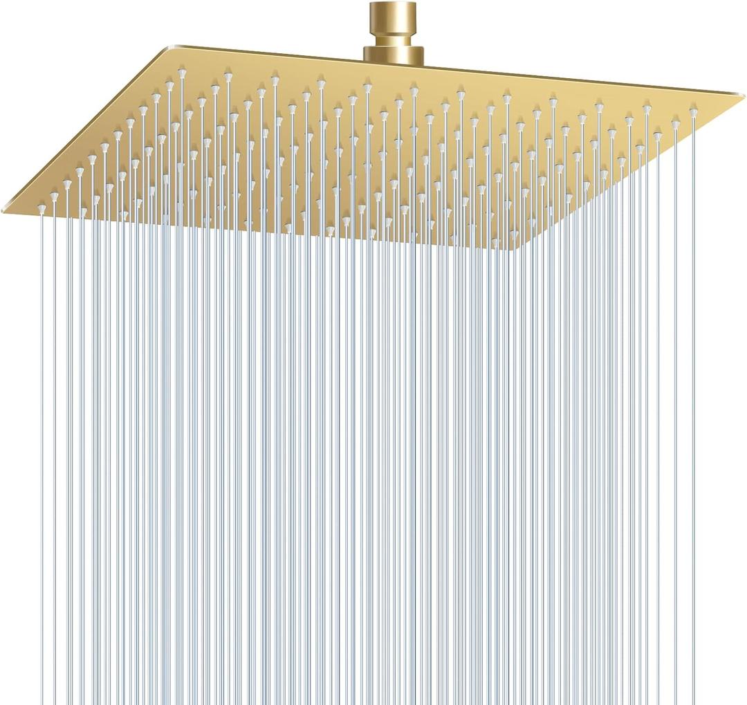 12 inch Brushed Gold Rain Shower Head - All Metal 304 Stainless Steel, Full Body Waterfall Shower with 144 Silicone Nozzles - Square Showerheads Ceiling or Wall Mount Modern Bathroom