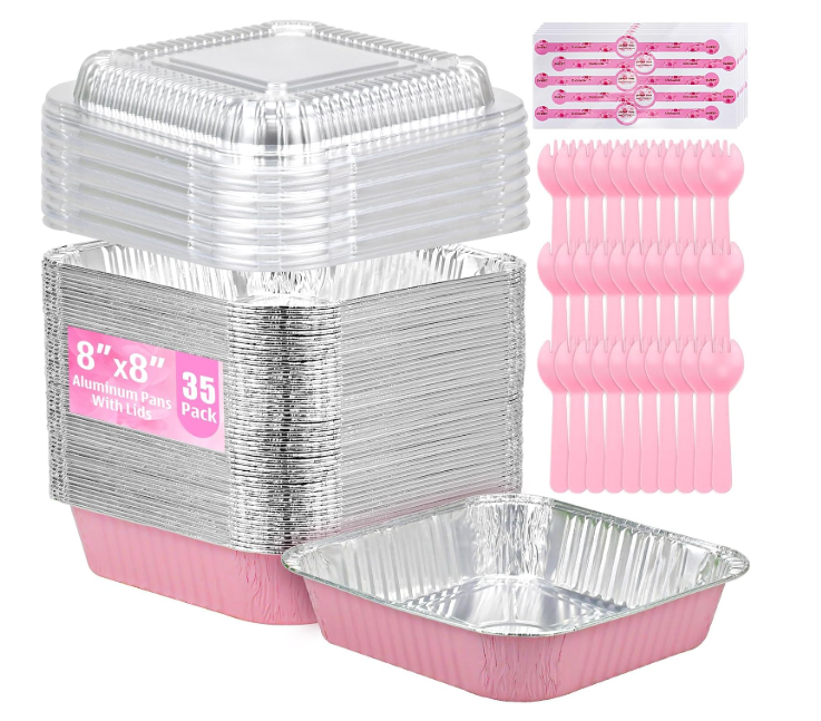 (35-Pack) Pink 8x8 Inch Disposable Aluminum Pans with Plastic Lids,Stickers and Cake Spoons,Square Cake Pans for Parties,Baking Trays,Foil Pans for Holiday Cooking, Parties Meal Prep, Storage