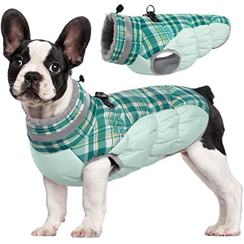 FUAMEY Dog Coat for Small Dogs,Waterproof Dog Winter Jacket with Harness Built in Puppy Cold Weather Coats Reflective Pet Vest with Zipper Warm Fleece Dogs Snowsuit Windproof Green Plaid S