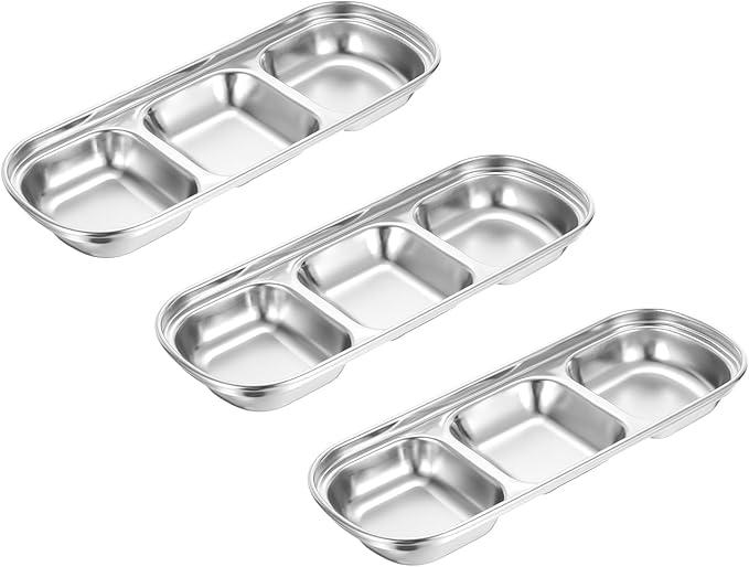 Uxcell 3 Pack Stainless Steel Sauce Dish Dipping Bowls with 3 Compartment Divided, Metal Seasoning Plate Dipping Bowl for Serve Appetizers, Snacks, Sauce, or Dressing, Silver