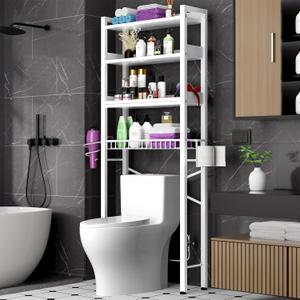 Over The Toilet Storage Cabinet,4 Tier Bathroom Organizer and Storage With Adjustable Shelf Waterproof Feet Pad and Basket Multifunctional Space Saver Freestanding Bathroom Shelves With Dividers White, Large