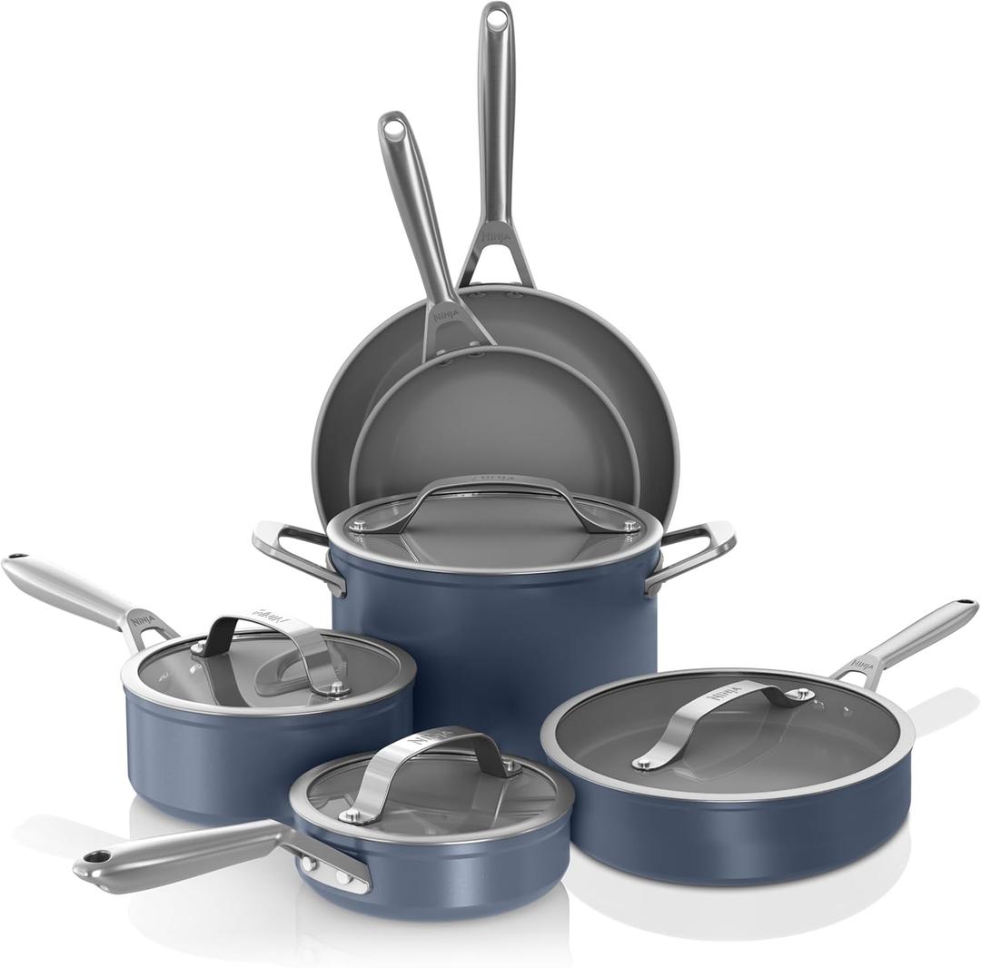 Ninja Ceramic Pro 11 Piece Cookware Set, NonStick Pots & Pans Set with Glass Lids, Nontoxic, PTFE Free, Ceramic Coated, Stove to Oven Safe, All Stovetop & Induction Compatible, Midnight Blue, CW39010MM