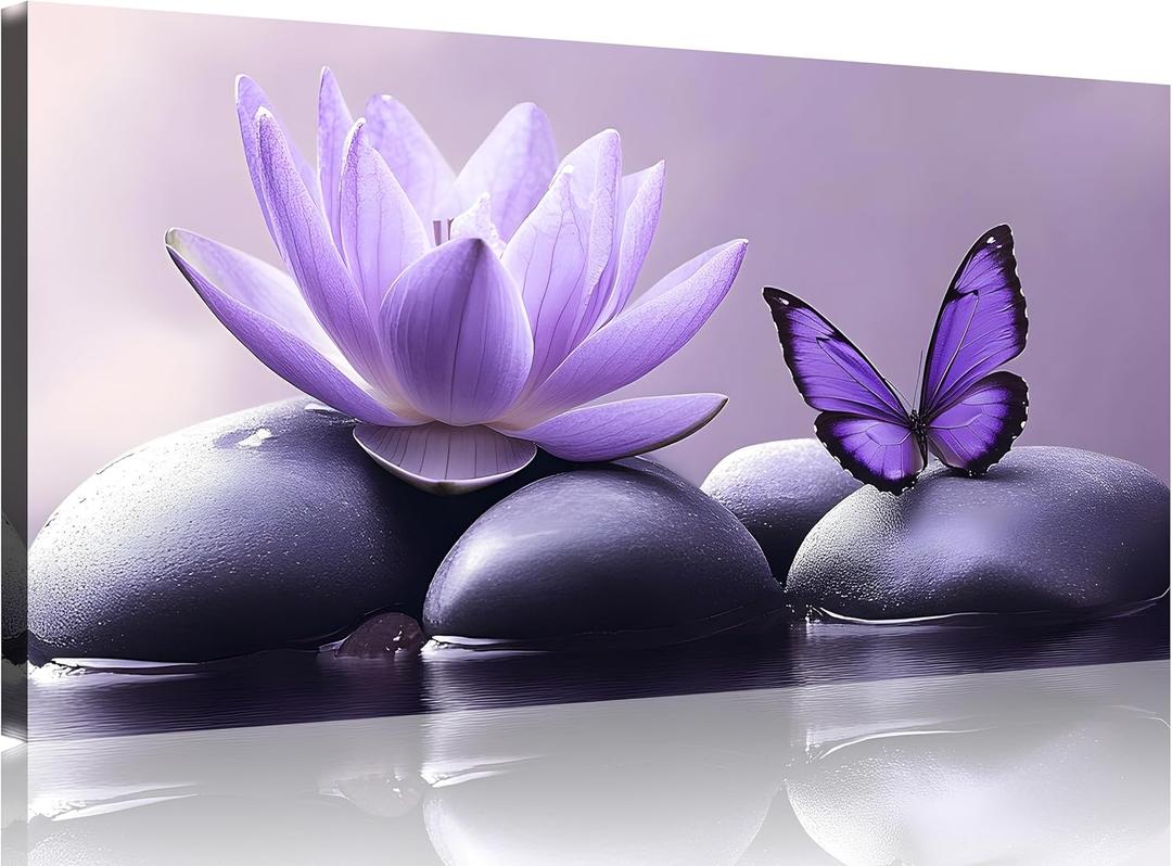 TutuBeer 1 Panel Purple Canvas Wall Art Purple Pictures Spa Stone with Water Lily Butterfly on the Water Pictures Poster Zen Wall Art for Living Room Bedroom Ready to Hang, 12x24 Inches