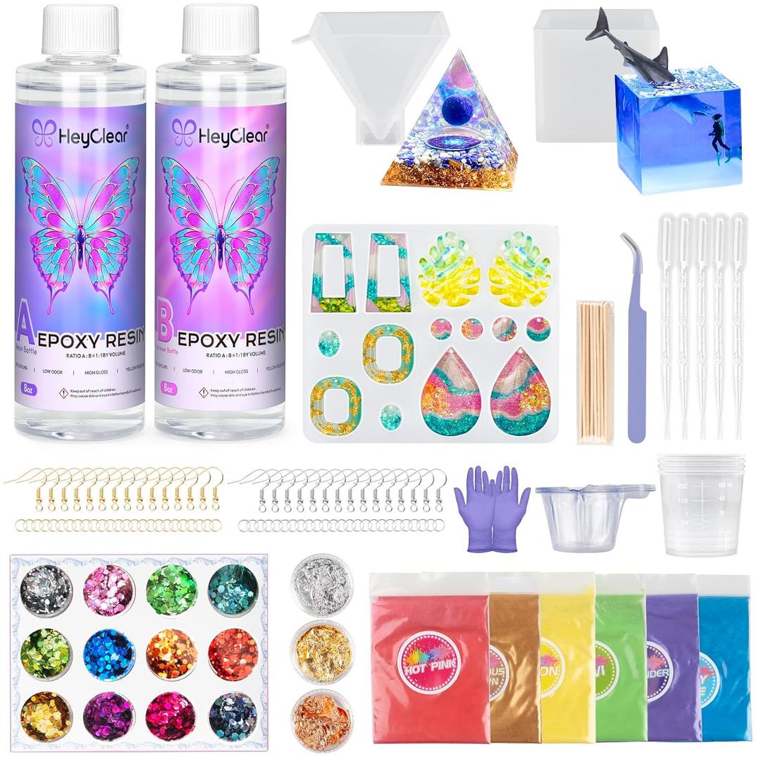 HeyClear Epoxy Resin Kit with Molds for Beginners, 16 oz Super Clear and Hard Resina Complete Craft Supplies Set for Starters Casting Arts Crafts for Adults, Jewelry Making, DIY Creation Gifts