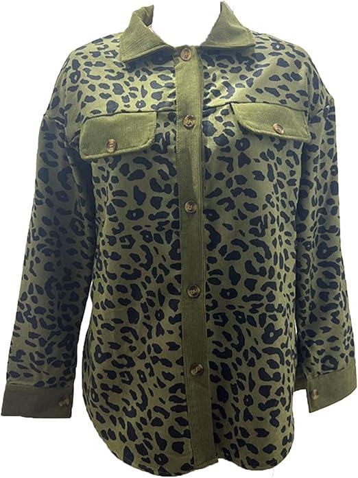 Womens Button Down Blouse Jacket Long Sleeve Leopard Corduroy Shirt Oversized Jacket Coats With Pocket L