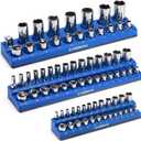 CASOMAN Magnetic Socket Organizer, 3 Piece Socket Holder Kit, 1/2-inch, 3/8-inch, 1/4-inch Drive, Holds 75 Metric Sockets, Blue Color, Professional Quality Tools Organizer, Socket Not Included