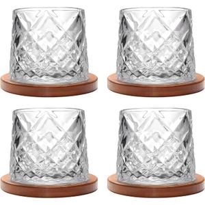 Rotatable Old Fashioned Glass, 275ml/10oz Crystal Whiskey Glass Set of 4, Wood Coaster, Thickening, Used as Rum Glass, Cocktail Cup, Coffee Cup, Milk Cup to Relax and Reduce Stress, Christmas gifts (Clear Diamond Style)