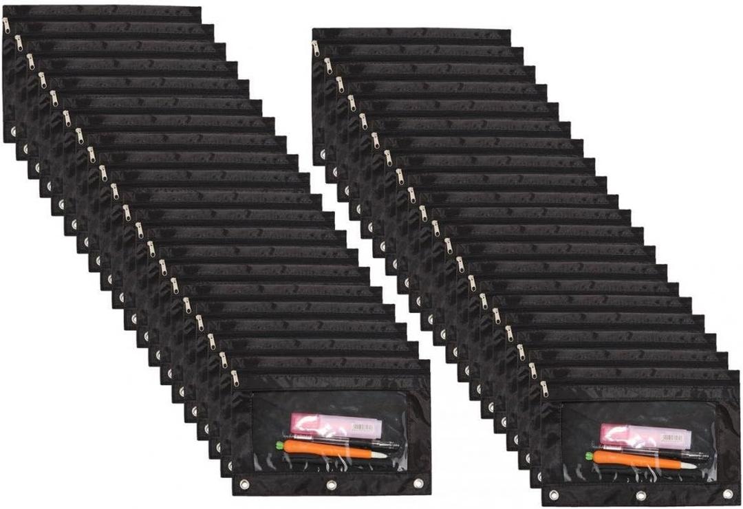 LaOficina 50 Packs Wholesale 3 Ring Binder Pouches, Zippered Binder Pencil Pouch with Clear Window, Clear Pen Case Bulk Suitable for School and Office(Black)