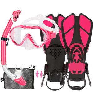 Kids Mask Fins Snorkel Set Snorkeling Packages, with Diving Mask, Snorkel, Adjustable Swim Fins, Mesh Bag, Anti-Fog Anti-Leak Snorkeling Gear for Kids for Snorkeling Swimming Diving (Light Pink)
