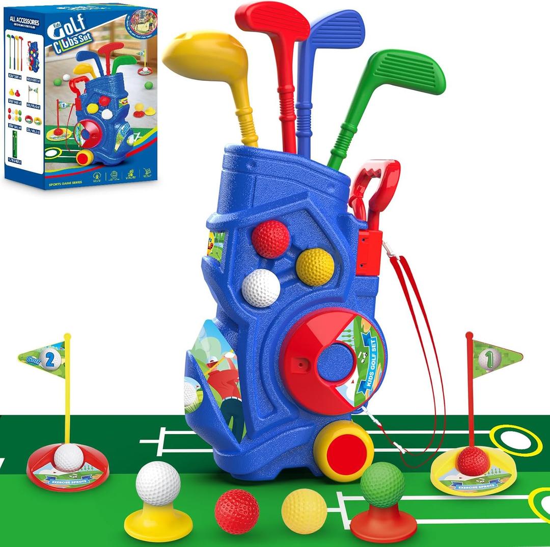 Letapapa Toddler Golf Set, Upgraded Kids Golf Clubs with Putting Mat, Toys for Boys 3 4 5+ Years Old, Indoor Outdoor Sports Golf Toys with 4 Clubs, 8 Balls, 2 Practice Holes, Shoulder Strap, 20 PCS (Bluw)