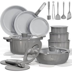 CAROTE 25pcs Ceramic Cookware Set Nonstick, Pots and Pans Set Non stick, Non Toxic Cookware, Dishwasher/Oven Safe, RV/Camping Cookware Set, Pan and Pot with Kitchen Utensils, Dark Gray