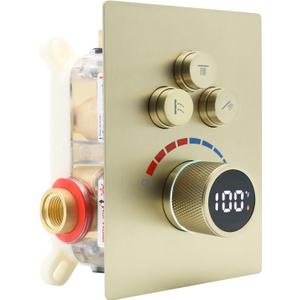 Solid Brass Shower Mixer Valve, Concealed 3 Way Outlet LED Digital Display Diverter Valve, Can Use All Options at A Time Brushed Gold (Three Functions)