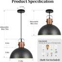 Black Pendant Light, 11.8" Hammered Metal Ceiling Hanging Light Fixture,Solid Wood Dome Pendant Lighting,Modern Industrial Chandelier for Kitchen Island, Dining Table, Restaurant, Farmhouse, Hallway