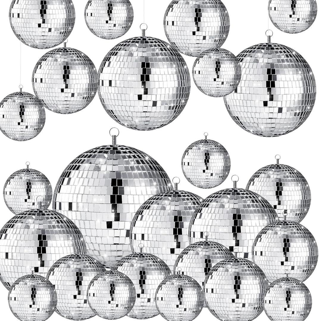 Sumind 25 Pcs Christmas Disco Balls Decor Silver Mirror Disco Balls Hanging Decor Assorted Reflective Wedding Dance Music Festivals for Stage Club Ballroom Hall Prop (3.2'' 4'' 6'' 8'')