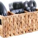 Wicker Party Silverware Caddy, Small Water Hyacinth Plastic Cutlery Utensil Holder, Hand Woven with Handles, Kitchen Countertop and Picnic flatware Organizer
