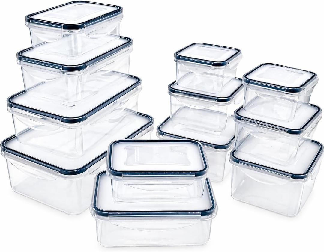 12-Piece Food Storage Containers with Lids, BPA-Free Leakproof Meal Prep Set, Rectangular & Square Plastic Containers with Airtight Silicone Seals, Stackable