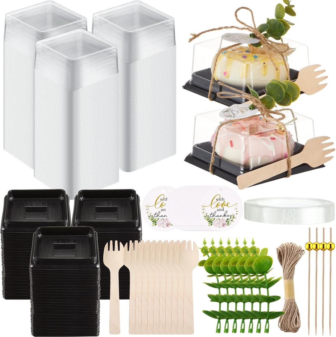 Honeydak Clear Cake Containers with Lids Wedding Cake Pans Cupcake Container Muffins Box Cocktail Picks Appetizer Thanks Tags Eucalyptus Leaves for Wedding Birthday Dessert Display(Black,100 Sets)
