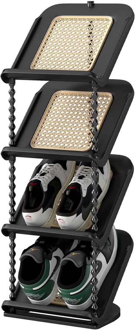 Retro Rattan Vertical Shoe Rack, Free Standing Shoe Storage Cabinet, Small Shoe Rack, Storage Rack, Suitable for Small Spaces and Narrow Spaces (Black, 4-Tier)
