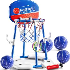 NIPLOOOW 2 in 1 Pool Basketball Hoop, Floating Pool Toys with 4 Balls & 12 Ring Toss Game for Kids Ages 4-8 8-12, Outdoor Swimming Water Basketball for Poolside Family Party for Adults Kids 3-12