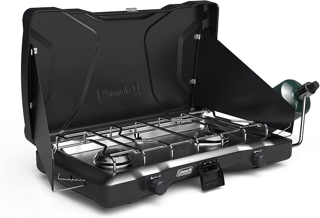 Coleman Triton 2-Burner Propane Stove, Portable Camping Cooktop with 2 Adjustable Burners & Wind Guards, 22,000 BTUs of Power (Matte Black)