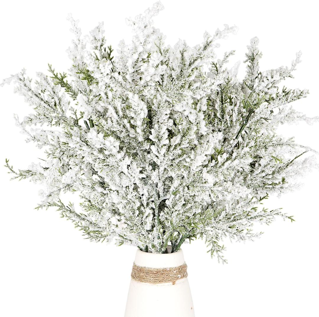 6 PCS Frosted Artificial Pine Branches 17.7" Winter Snowy Christams Greenery Cedar Stems Fake Pine Leaves Twigs Evergreen Picks for Xmas Tree Filler Decorations Home Garden Vase DIY Garland Crafts (6)