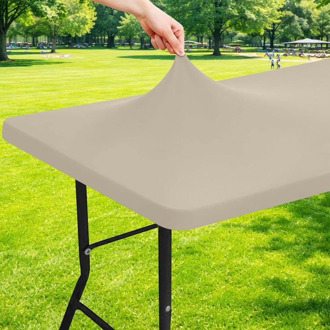 Moosfor Spandex 8 Foot Rectangle Table Cloth, Elastic Fitted Tablecloths for Picnic, Stretch Washable Patio Table Cover for Outdoor, Camping, Banquet and Parties (Taupe, 30"x96")