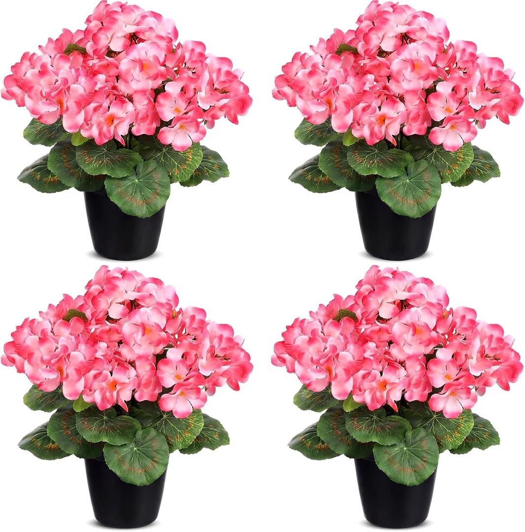 Zeyune 4 Pack Artificial Geranium Flowers for Outdoors Silk Flower UV Resistant Fake Plants Realistic Faux Flowers Outside for Home Kitchen Garden Patio Table Centerpiece(Pink)