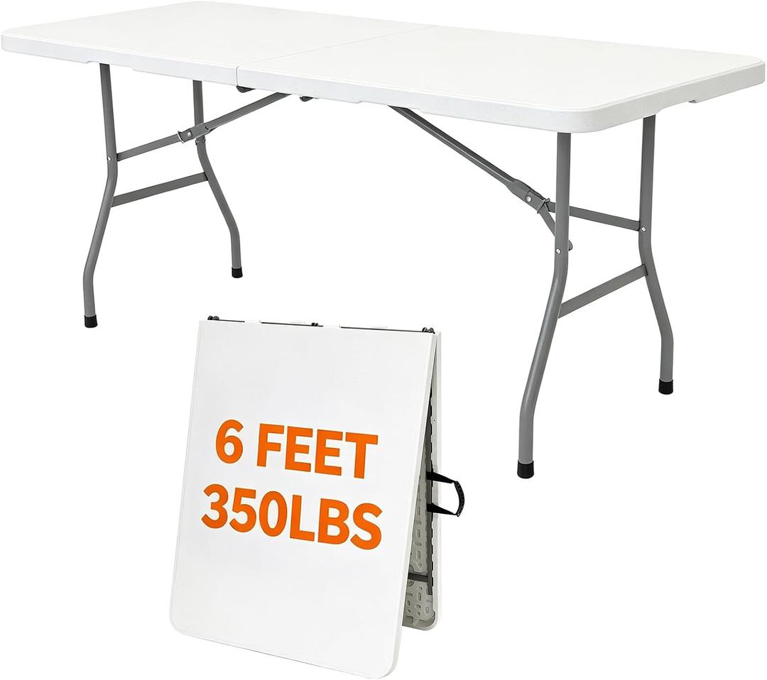 Folding Table 6ft, Heavy Duty Portable 6 Foot Foldable Table Plastic Large Folding Tables Indoor Outdoor for Camping, Picnic, Wedding and Party, White