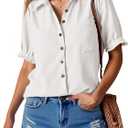Cicy Bell Womens Puff Short Sleeve Button Down Shirts Summer Casual Collared V Neck Blouse Linen Loose Fit Work Tops (White, L)