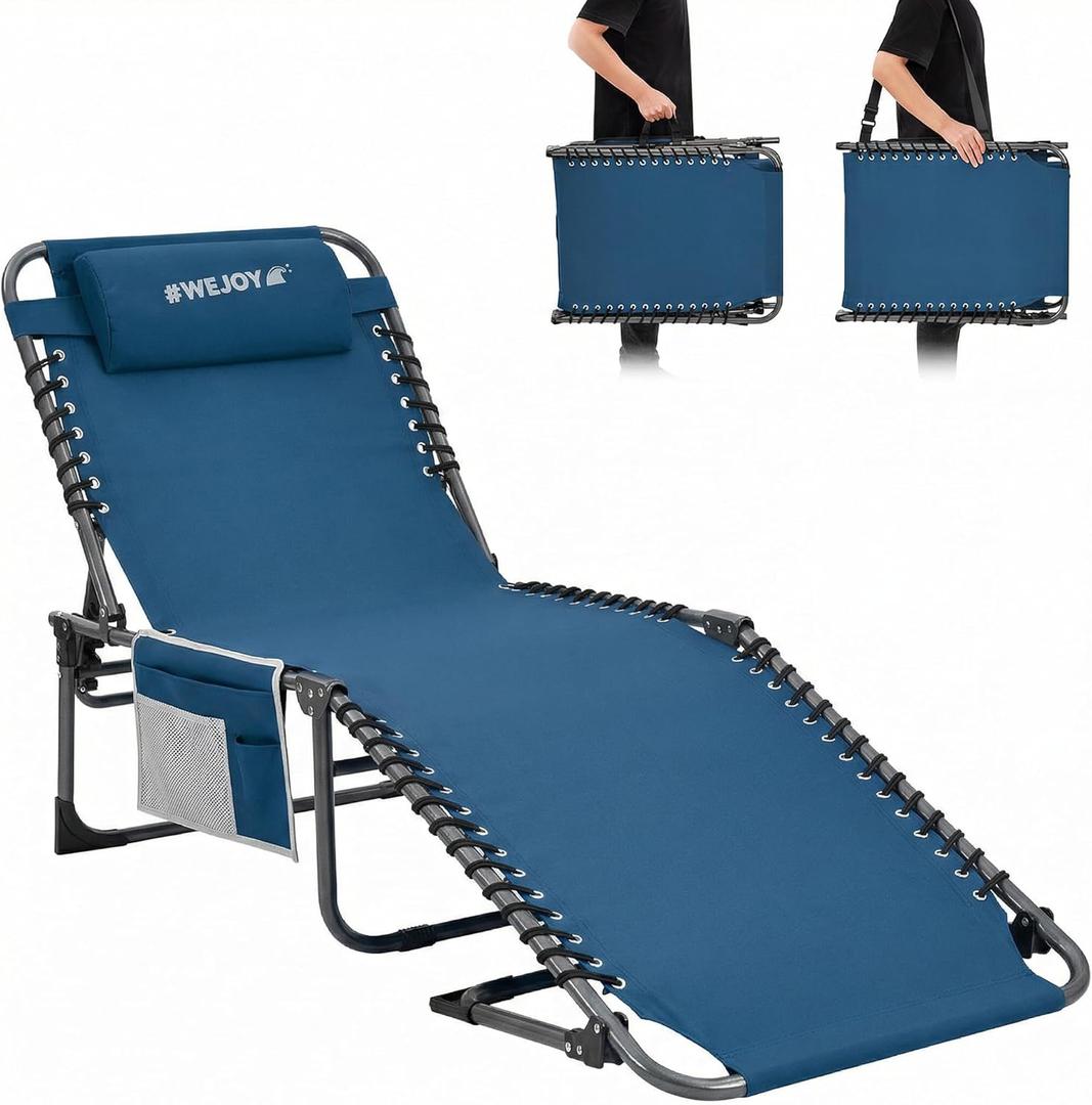 #WEJOY Folding Lounge Chair Outdoor, 5-Position Adjustable Sunbathing Tanning Chair with Shoulder Strap & Side Pocket, Heavy Duty Reclining Chair for Patio Pool Camping, Portable Folding Bed Cot,Blue, Oversized