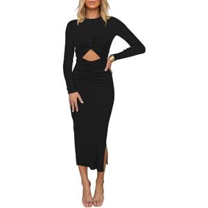 Duigluw Women's Summer Knit Sleeveless Crosscriss Cutout Ruched Bodycon Midi Dress with Slit (Small, 02-black)