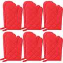 6 Pairs Heat Resistant Oven Mitts Kitchen Oven Gloves 11 Inch Long Quilted Cotton Polyester Kitchen Gloves for Cooking, Baking, Grilling BBQ (Red)