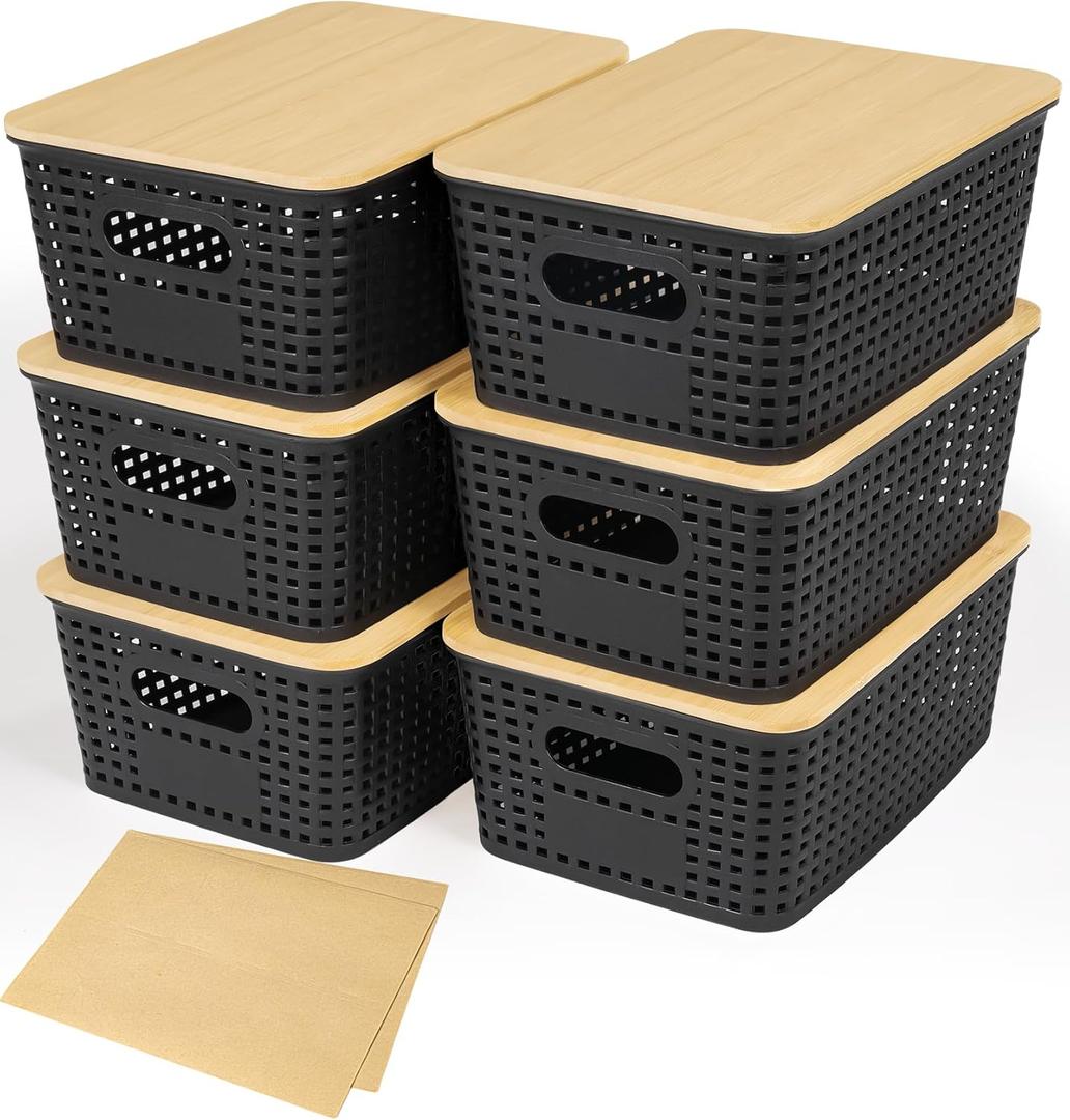 Criusia 6 Pack Plastic Storage Baskets With Bamboo Lid, Stackable Storage Baskets for Organizing Desktop Closet Shelves Drawers Pantry Organization Office Playroom Classroom (Black)