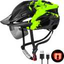 Bike Helmet with USB Rechargeable LED Light Detachable Goggles and Sun Visor, Mountain & Road Bicycle Helmets for Men Women Adult Cycling Helmets