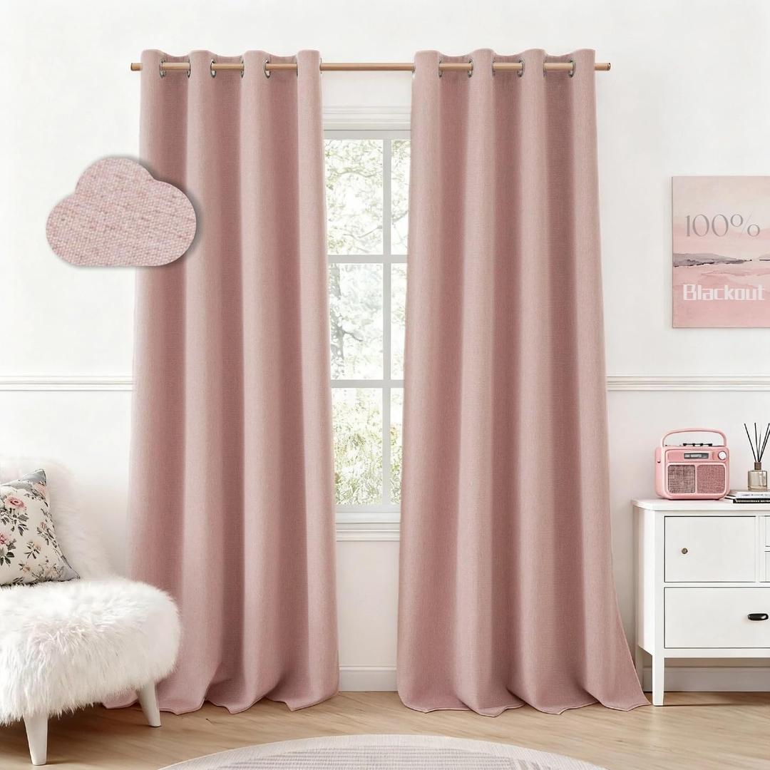HOMEIDEAS Blush Pink 100% Blackout Curtains 84 Inches Long, Thick Faux Linen/Linen Blend Textured Window Drapes, Cute Room Darkening Grommet Curtains for Girls Bedroom, Nursery, Living Room