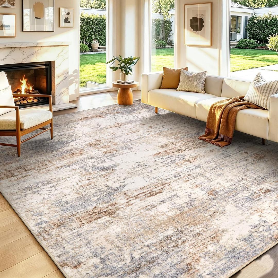 Washable Area Rug Living Room Rugs-9x12 Large Soft Non-Slip Carpet for Bedroom Dining Room Modern Abstract Neutral Low Pile Floor Rugs Stain Resistant Indoor Nursery Home Office,Brown Grey