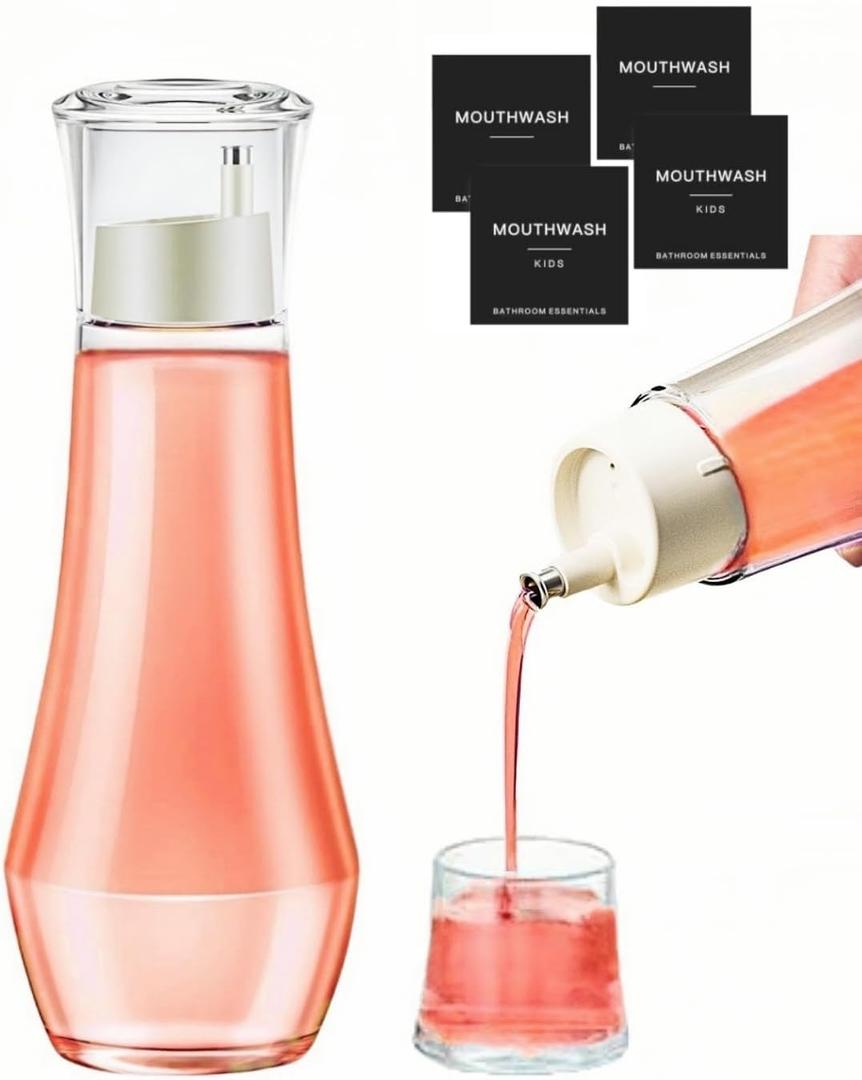 Glass Mouthwash Dispenser for Bathroom, Refillable Cystal Mouth Wash Bottle with Lid Cup 260ML Lead-Free Thickened Glass Dispenser Leak-Proof Design with 4 Matte Labels Multi-Purpose- 8.8oz
