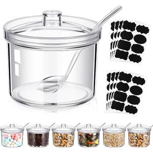 Tioncy 6 Pcs Ice Cream Bar Supplies Sugar Bowls with Lid and Spoon Acrylic Candy Dispenser Party Bar Hot Cocoa Sundae Caramel Apple Dipping Container with Tag (7.1 oz, Clear)