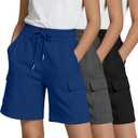 3 Pack Girls' Cargo Bermuda Shorts Elastic Drawstring Long Shorts Loose Casual Yoga SweatShorts with 4 Pockets (9-10 Years, Black, Dark Gray, Dark Blue)