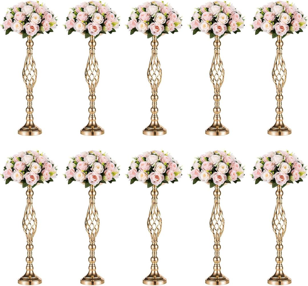 Versatile Metal Flower Arrangement, Candle Holder Stand Set for Wedding Party Dinner Centerpiece Event Restaurant Hotel Decoration (Twist Style, 10 x L) (Gold)