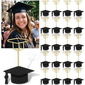 20 Pcs Graduation Cap Photo Holders, Class of 2026 Table Number Card Stands with Wooden Base, Wire Place Card Picture Display for Grad Party Centerpieces Decorations