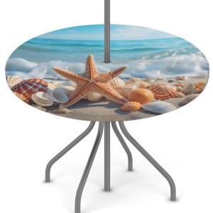 Outdoor Tablecloth with Umbrella Hole, Shell Starfish Round Fitted Tablecloth with Elastic 45"-56" Waterproof Oil-Proof Round Outdoor Tablecloth Patio Table Cover for Picnic Camping Party