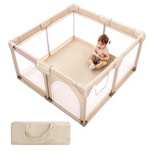 Baby Playpen, 50x50 in Small Play Pen for Babies and Toddlers, Playpen for Kids with Gate, Indoors Play Yard with Soft Breathable Mesh (Khaki)