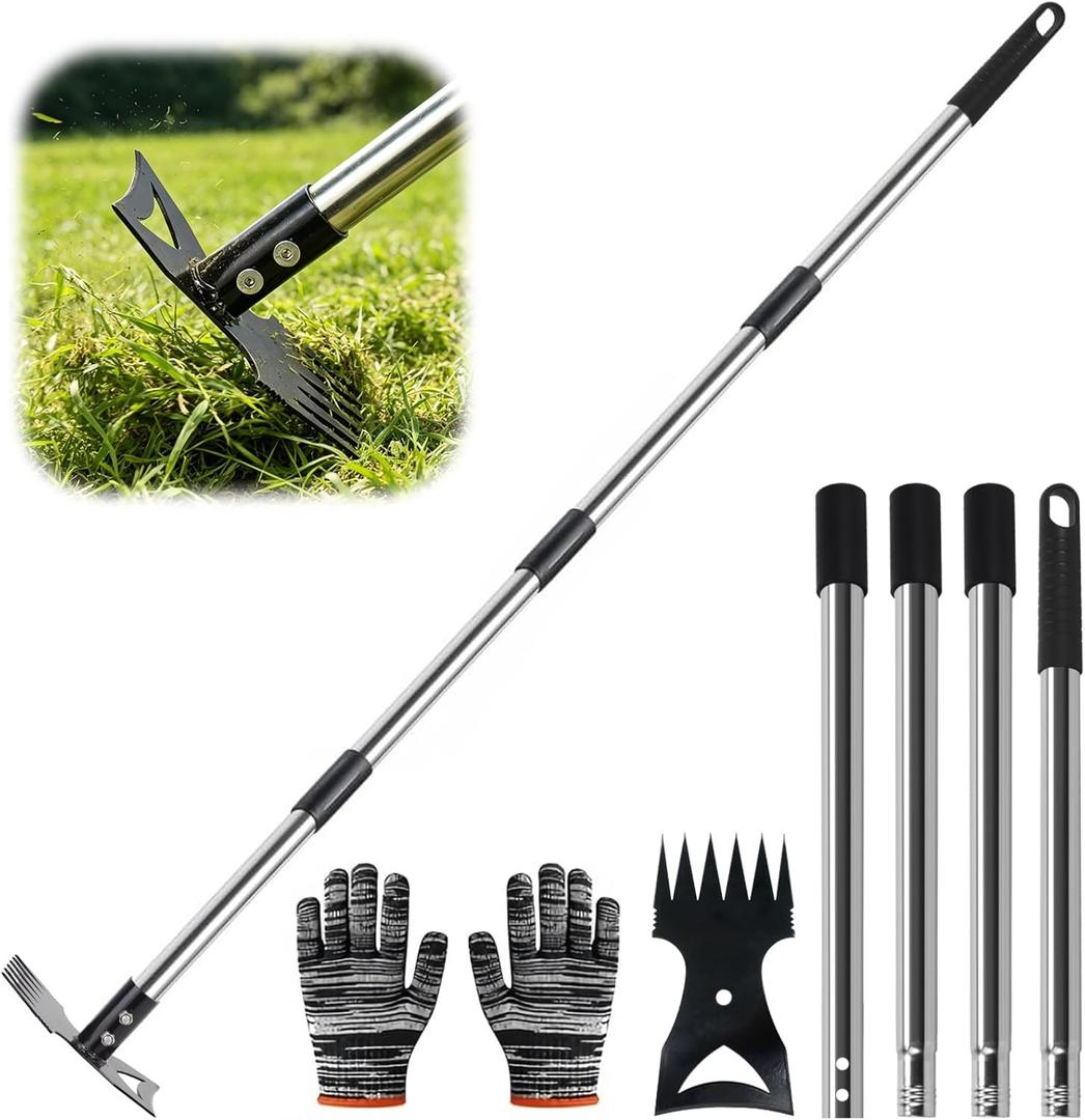 Weed Puller Tool with Long Handle 58" Manual Weeder Remover Tool, 2-in-1 Handle Garden Hoe and Weed Rake, Hoe Garden Tool, Uprooting Weeding Tool for Yard, Lawn, Patio and Garden