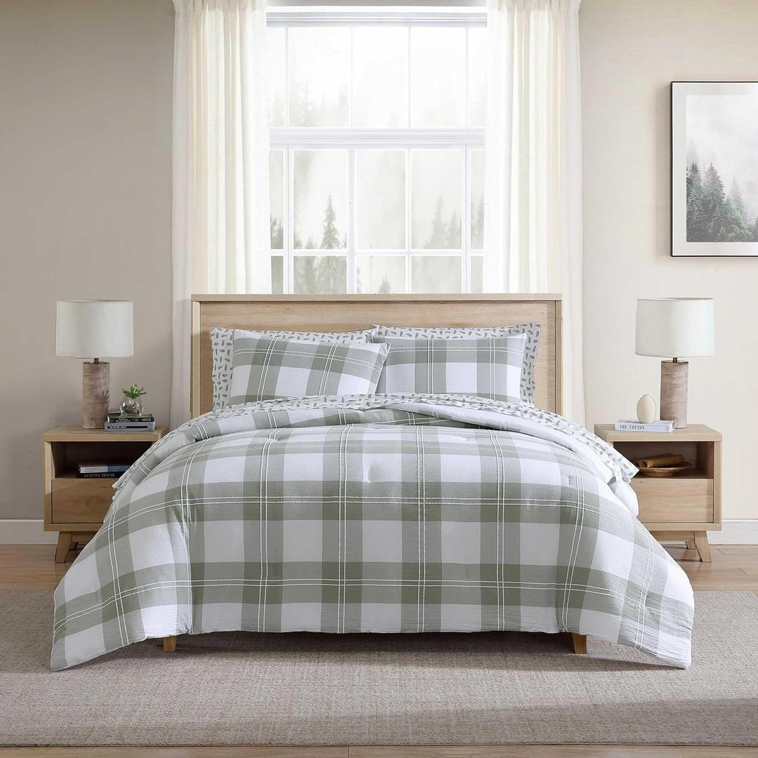 Eddie Bauer - Full/Queen Comforter Set, Premium Cotton Embroidered Bedding with Matching Sham(s), Plaid Home Decor (Mountain Embroidery Plaid Green, Full/Queen