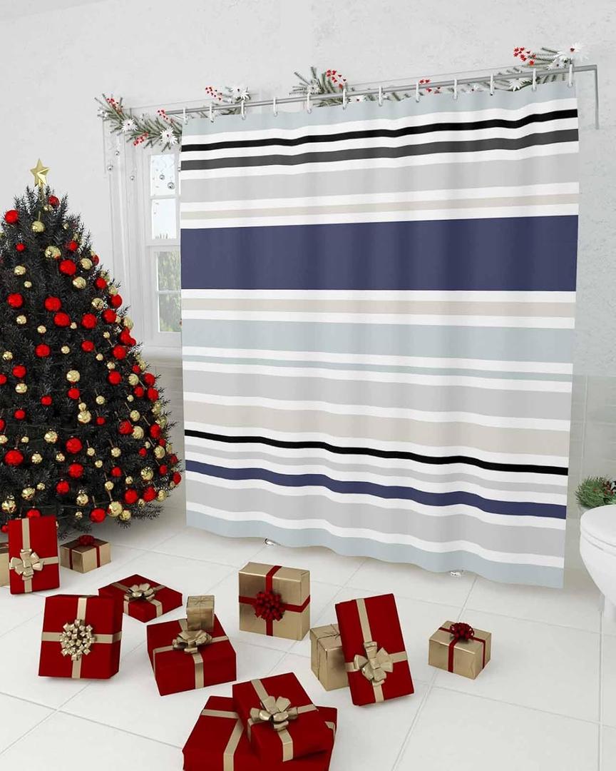 Shower Curtains for Bathroom Accessories, Navy Blue Gray Striped Polyester Fabric Bathtub Curtain with 12 Hooks, Abstract Art Rustic Stripes Waterproof Shower Curtains 36 x 72 Inches