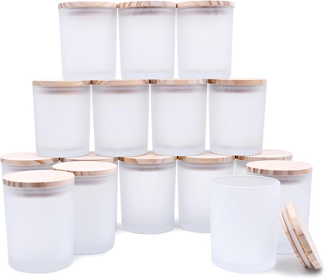 SHOWIN Thick Candle Jars for Making Candles 16 Pcs, 7 OZ Empty Jars with Wood Lids for Candle Making, Sample Container, Frosted White