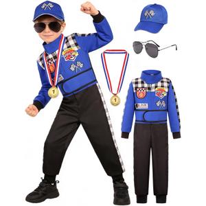 Kids Race Car Driver Costume Boys Racer Jumpsuit With Car Cap Halloween (3-4 Years, Blue)