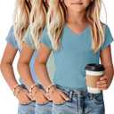 3 Pack Girls Shirts Kids V Neck Short Sleeve Ribbed Knit Tunic Tops Slim Fit Casual Cute Basic Summer Solid Tee, 7-8Y