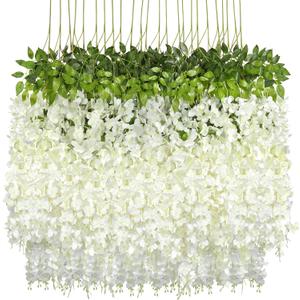 Pauwer Wisteria Hanging Flowers 24 Pack Fake Flower Garland Artificial Wisteria Vines Rattan Silk Flower String Wedding Party Wall Decorations,White